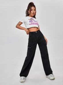 Jeans rectos con bolsillo con solapa de cintura alta - Negro - Ver 5