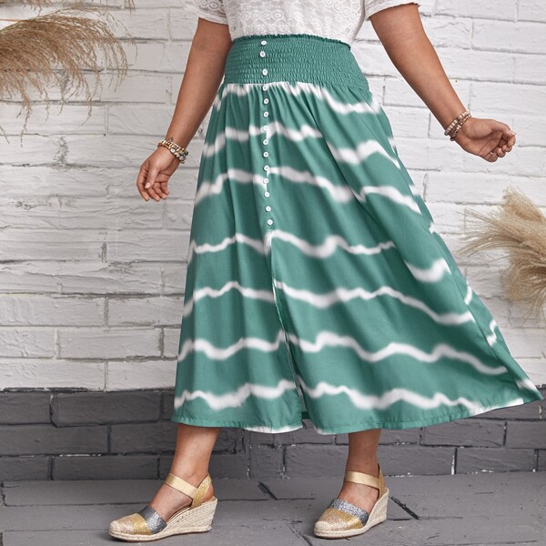 

Plus Tie Dye Shirred Split Skirt, Green