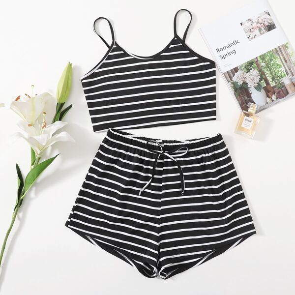 

Striped Cami Top With Knot Shorts Lounge Set, Black and white