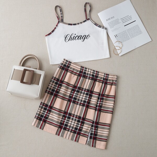 

Letter Graphic Cami Top & Plaid Skirt, Multicolor