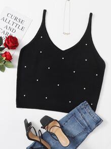 Top tejido de tirantes con cuenta con perlas - Negro - Ver 1