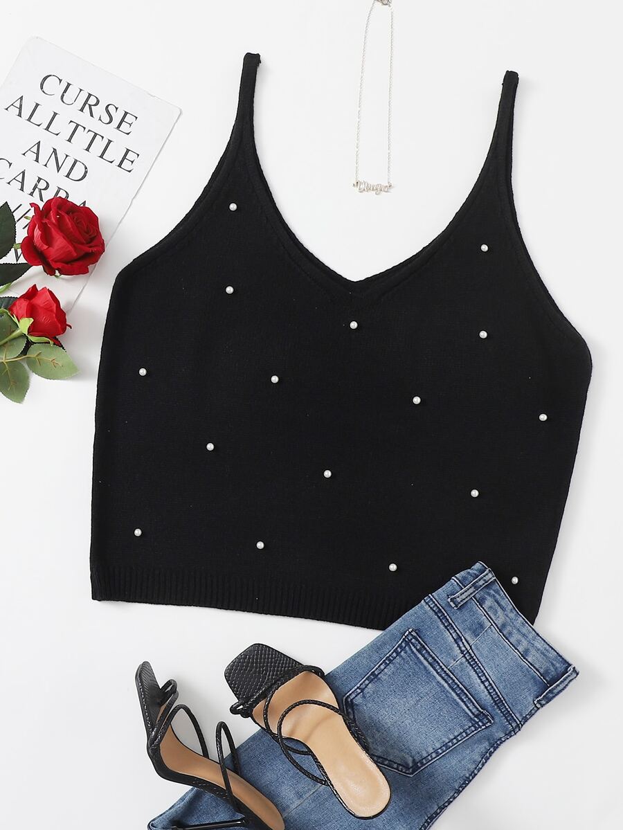 Top tejido de tirantes con cuenta con perlas - Negro - Ver 1