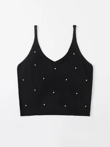 Top tejido de tirantes con cuenta con perlas - Negro - Ver 4