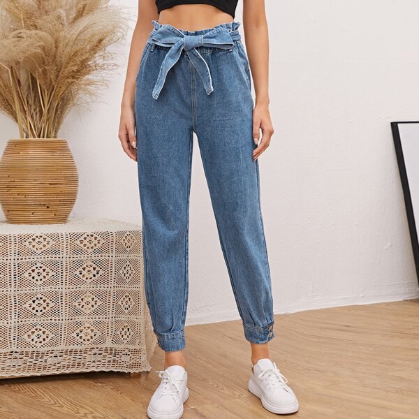 

Belted Paper Bag Waist Jeans, Medium wash