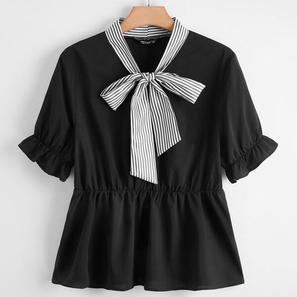 

Plus Striped Tie Neck Smock Blouse, Black