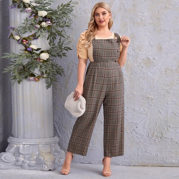

Plus Zip Back Plaid Pinafore Jumpsuit, Mocha brown