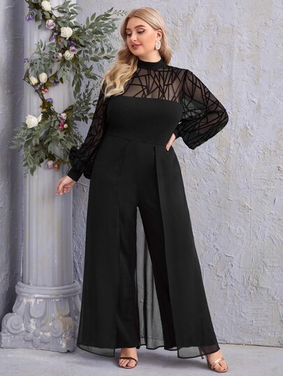 Modelyn Plus Lantern Sleeve Mesh Yoke Wide Leg Elegant Long Sleeve Jumpsuit, For Wedding Guest
