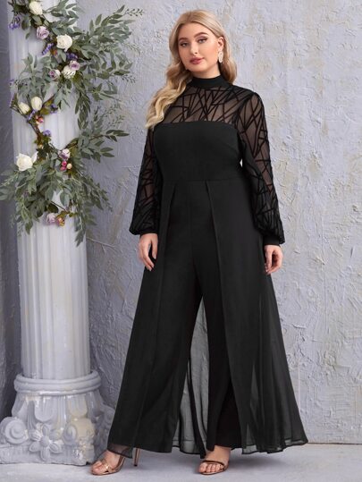Modelyn Bộ đồ liền thân tay dài thanh lịch ống rộng lưới tay đèn lồng Plus, dành cho khách dự tiệc cưới