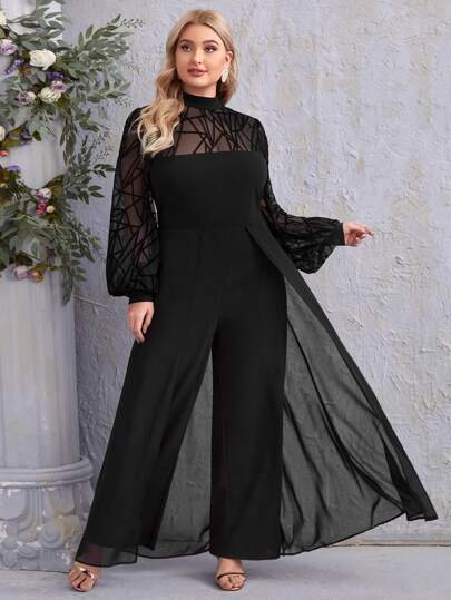 Modelyn Bộ đồ liền thân tay dài thanh lịch ống rộng lưới tay đèn lồng Plus, dành cho khách dự tiệc cưới