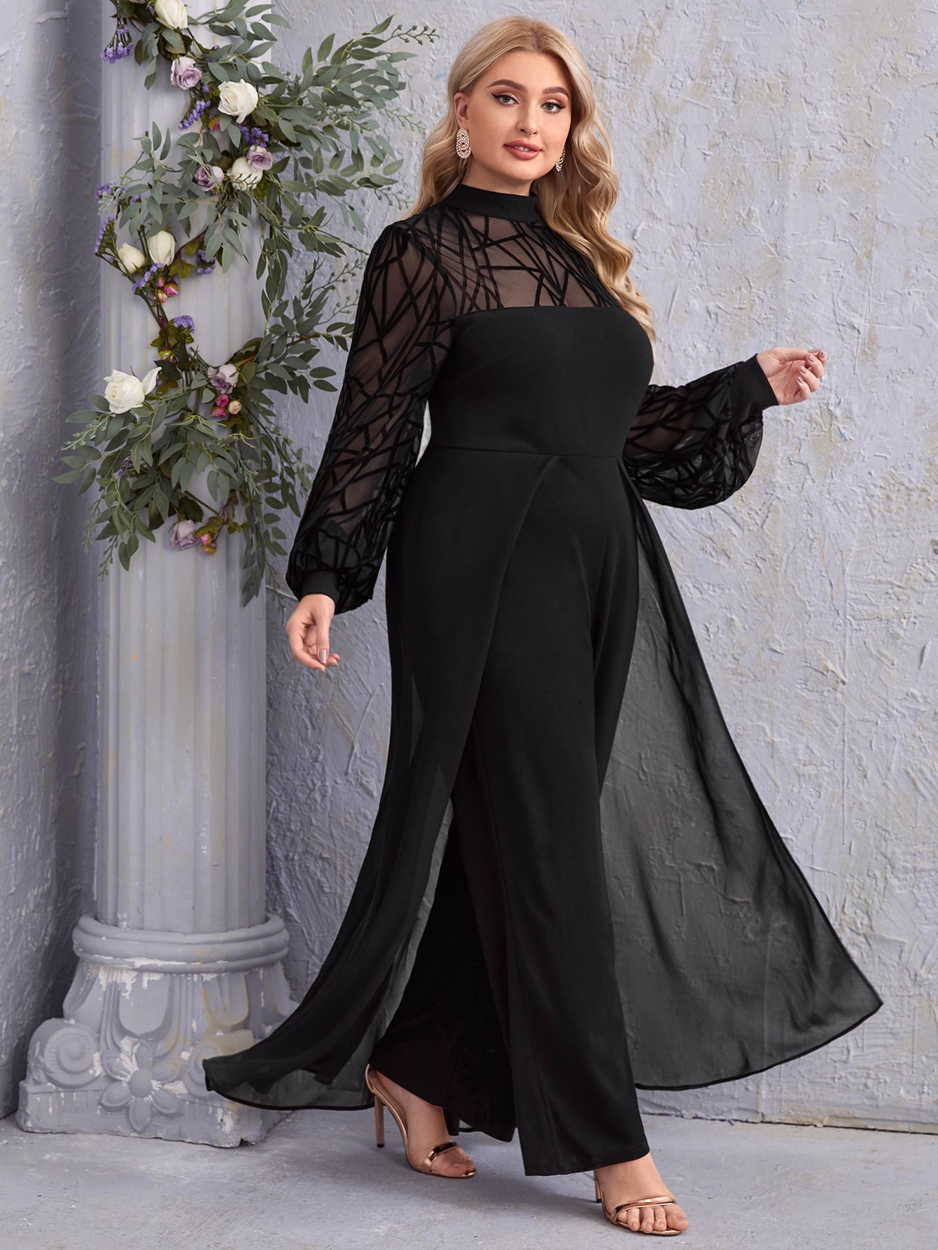 Mulvari جمبسوت بكم فانوس بياقة شبكية وساقات واسعة...