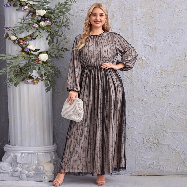 

Plus Lantern Sleeve Mesh Overlay Ditsy Floral Dress, Multicolor