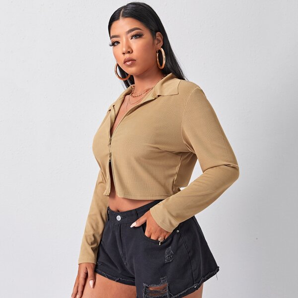 

Plus Ribbed Zip-up Crop Top, Khaki