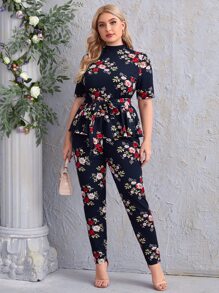 SHEIN Clasi Bộ thời trang Plus Size Thắt lưng Hoa Giải trí - Màu xanh hải quân - Xem 2