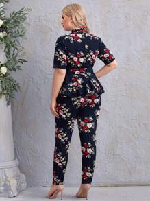 SHEIN Clasi Bộ thời trang Plus Size Thắt lưng Hoa Giải trí - Màu xanh hải quân - Xem 3