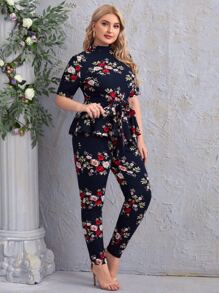 SHEIN Clasi Bộ thời trang Plus Size Thắt lưng Hoa Giải trí - Màu xanh hải quân - Xem 4