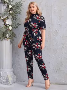 SHEIN Clasi Bộ thời trang Plus Size Thắt lưng Hoa Giải trí - Màu xanh hải quân - Xem 1