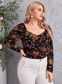 SHEIN Blusas Extra Grandes Drapeado Transparente Floral Elegante - Multicolor - Ver 1