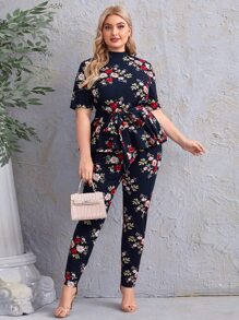SHEIN Clasi Bộ thời trang Plus Size Thắt lưng Hoa Giải trí - Màu xanh hải quân - Xem 5