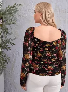 SHEIN Blusas Extra Grandes Drapeado Transparente Floral Elegante - Multicolor - Ver 2