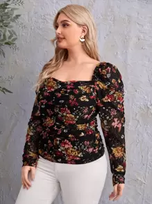 SHEIN Blusas Extra Grandes Drapeado Transparente Floral Elegante - Multicolor - Ver 3