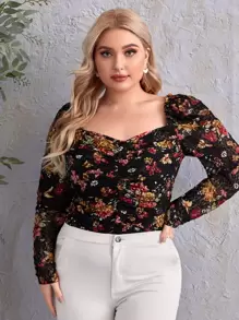 SHEIN Blusas Extra Grandes Drapeado Transparente Floral Elegante - Multicolor - Ver 4