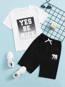 SHEIN Boys Slogan Graphic Tee and Track Shorts Set - Black and White - View 1