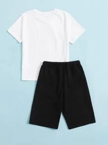 SHEIN Boys Slogan Graphic Tee and Track Shorts Set - Black and White - View 2