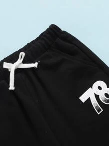 SHEIN Boys Slogan Graphic Tee and Track Shorts Set - Black and White - View 3