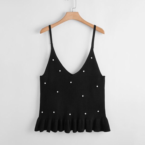 

Plus Pearls Beaded Ruffle Hem Knit Top, Black