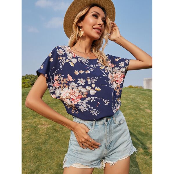 

Scoop Neck Batwing Sleeve Floral Top, Navy blue