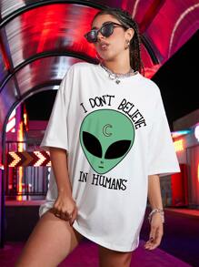 Camiseta amplia con estampado de extraterrestre y letra - Blanco - Ver 3