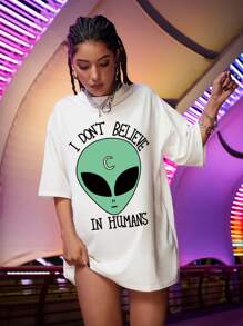 Camiseta amplia con estampado de extraterrestre y letra - Blanco - Ver 4