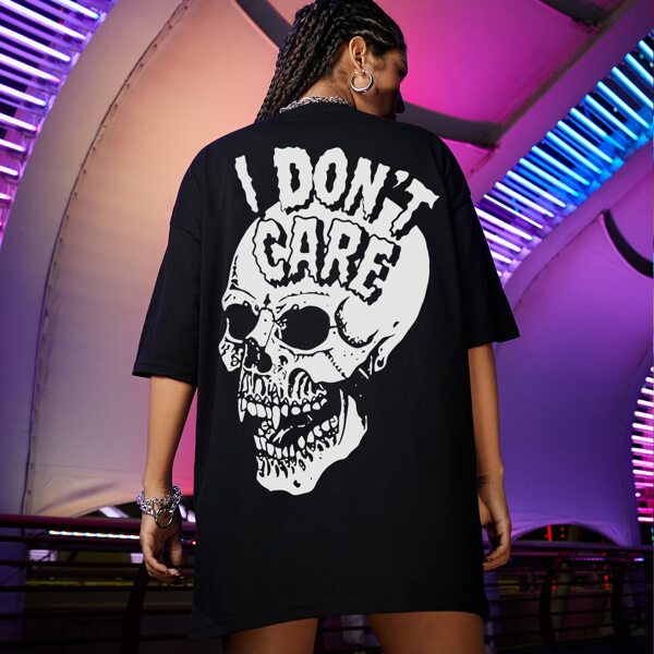 

Slogan And Skeleton Print Oversized Tee, Black