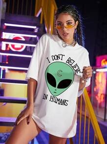 Camiseta amplia con estampado de extraterrestre y letra - Blanco - Ver 5