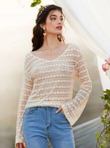 Heart Pattern Drop Shoulder Lace Top - Apricot - View 1
