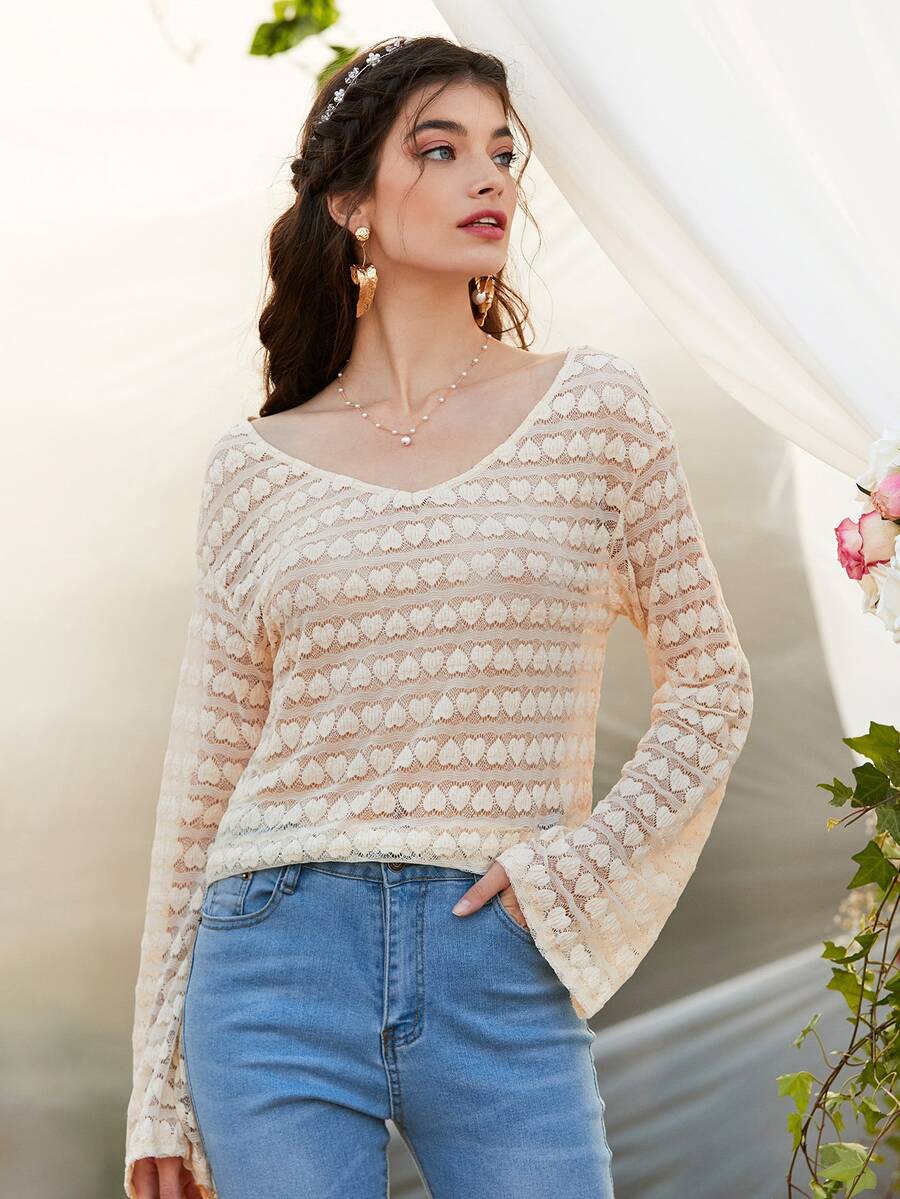 Heart Pattern Drop Shoulder Lace Top - Apricot - View 1