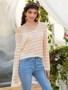 Heart Pattern Drop Shoulder Lace Top - Apricot - View 3