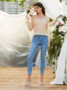 Heart Pattern Drop Shoulder Lace Top - Apricot - View 4