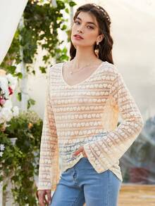 Heart Pattern Drop Shoulder Lace Top - Apricot - View 5