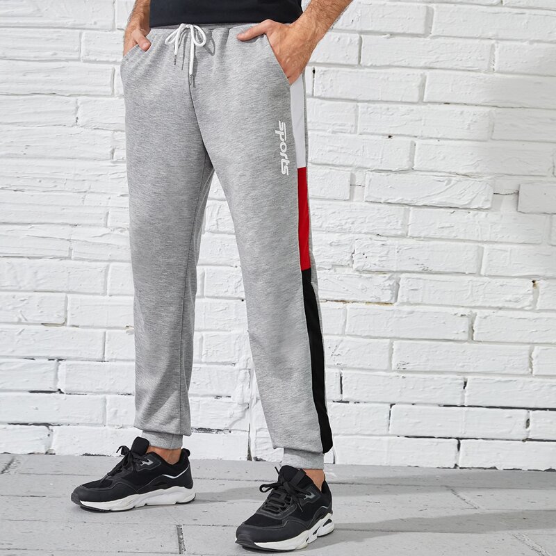 

Guys Contrast Panel Letter Graphic Drawstring Sweatpants, Light grey