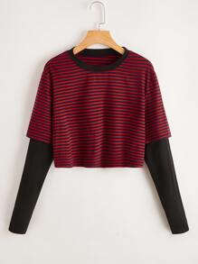 Mulvari 大碼條紋假兩件T恤 - 彩色 - 查看 1