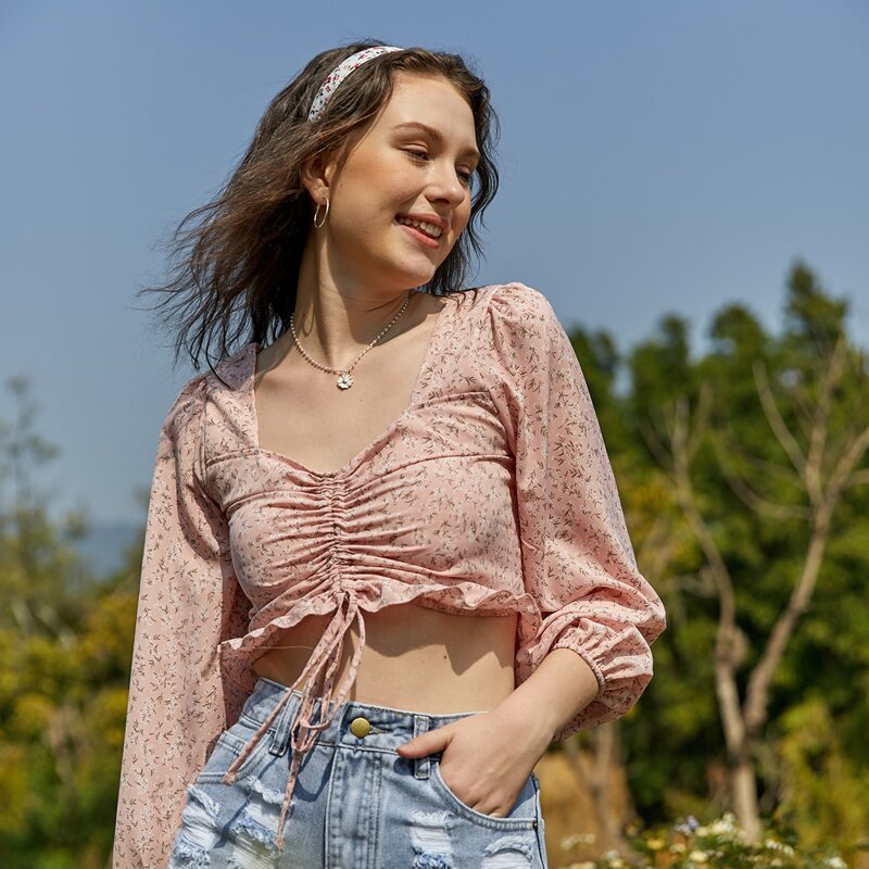 

Ditsy Floral Drawstring Milkmaid Crop Top, Baby pink