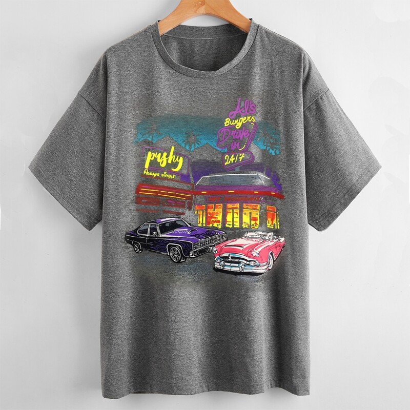 

Car & Letter Graphic Oversized Tee, Grey