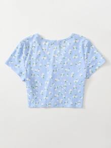 Dreamara Hơn Cottagecore Áo thun Hoa Lộn xộn Nút Lên - Màu xanh nhạt - Xem 2