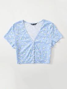 Dreamara Hơn Cottagecore Áo thun Hoa Lộn xộn Nút Lên - Màu xanh nhạt - Xem 3