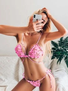 Conjunto de bikini triangular con estampado de estrellas de mar y amarre lateral - Rosa - Ver 1