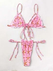 Conjunto de bikini triangular con estampado de estrellas de mar y amarre lateral - Rosa - Ver 2