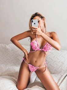 Conjunto de bikini triangular con estampado de estrellas de mar y amarre lateral - Rosa - Ver 3