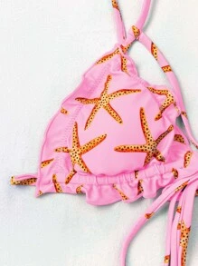 Conjunto de bikini triangular con estampado de estrellas de mar y amarre lateral - Rosa - Ver 5