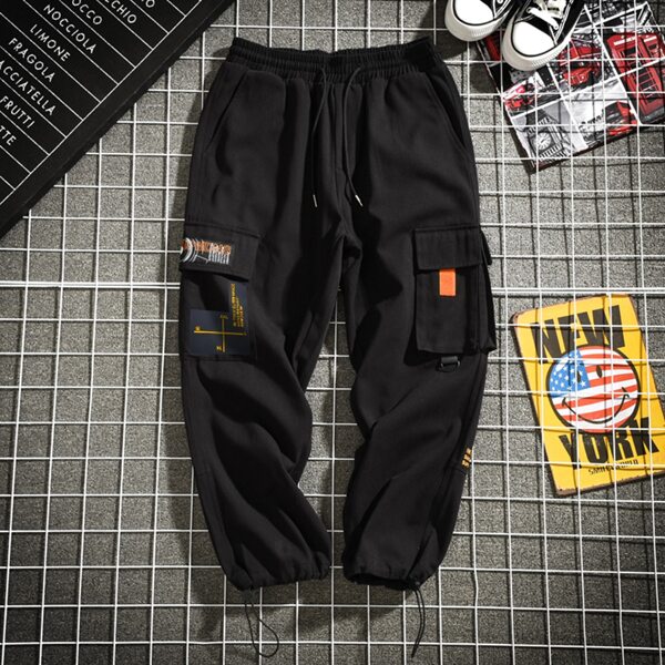 

Men Slogan Graphic Drawstring Waist Cargo Pants, Black